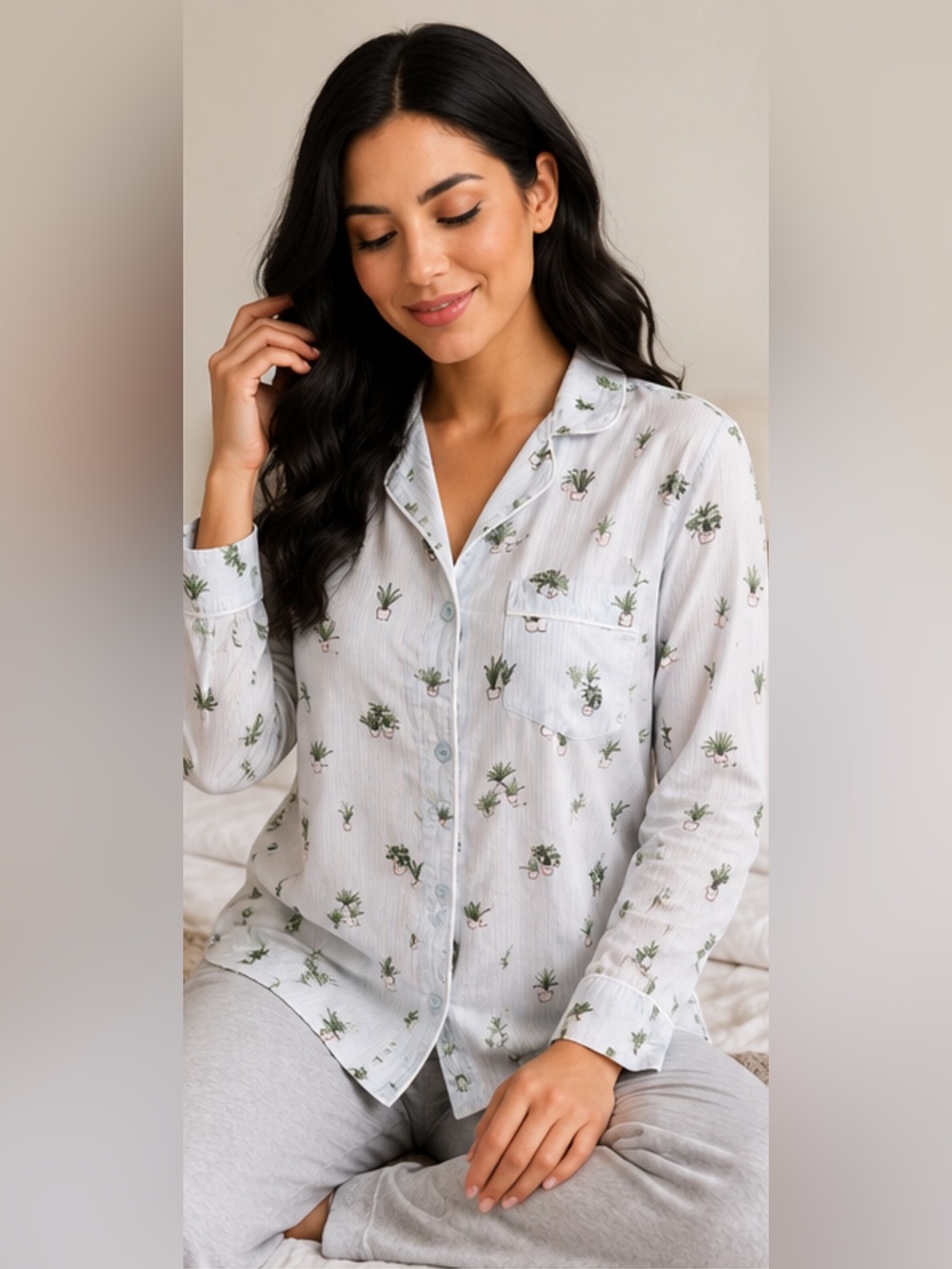Gilligan & O’Malley Plant Print Pajama Top Button Front Long Sleeve Sleep Shirt